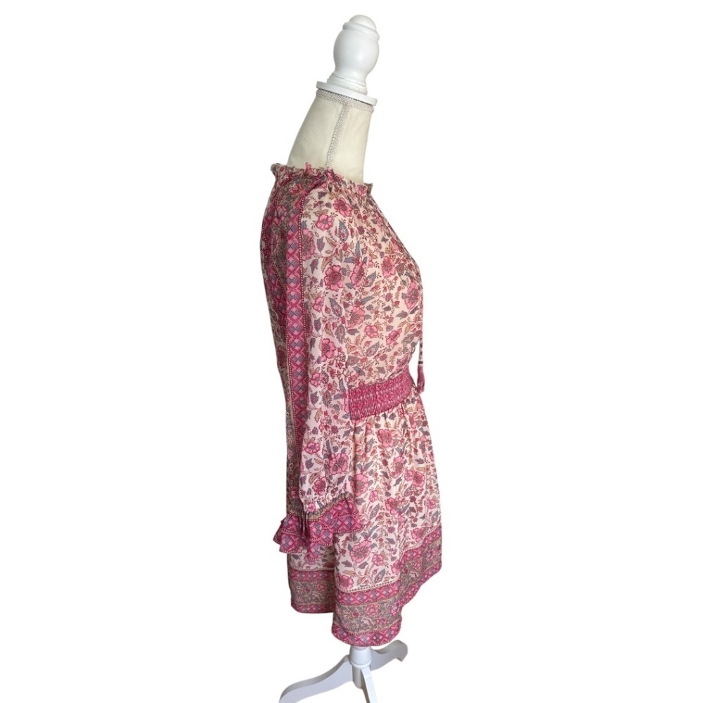 Love The Label Anthropologie Boho Floral Mini Dress Pink Smocked Tassel S - Picture 4 of 15